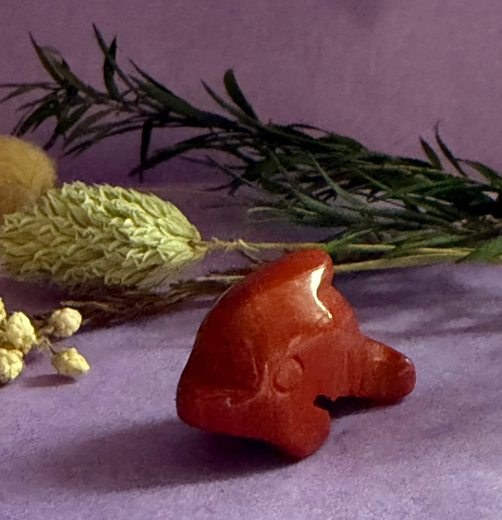 Red Jasper crystal dolphin carving angled view on lilac background with dried botanicals — The Crooked Moon