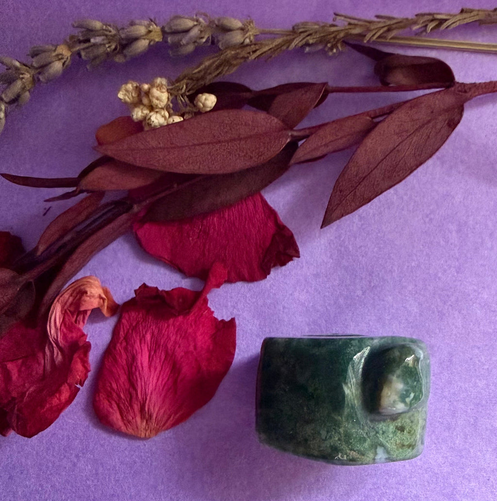 Moss Agate crystal house carving back view on purple background with red rose petals — The Crooked Moon