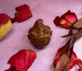 Mahogany Obsidian crystal axolotl carving top view on purple background with rose petals — The Crooked Moon