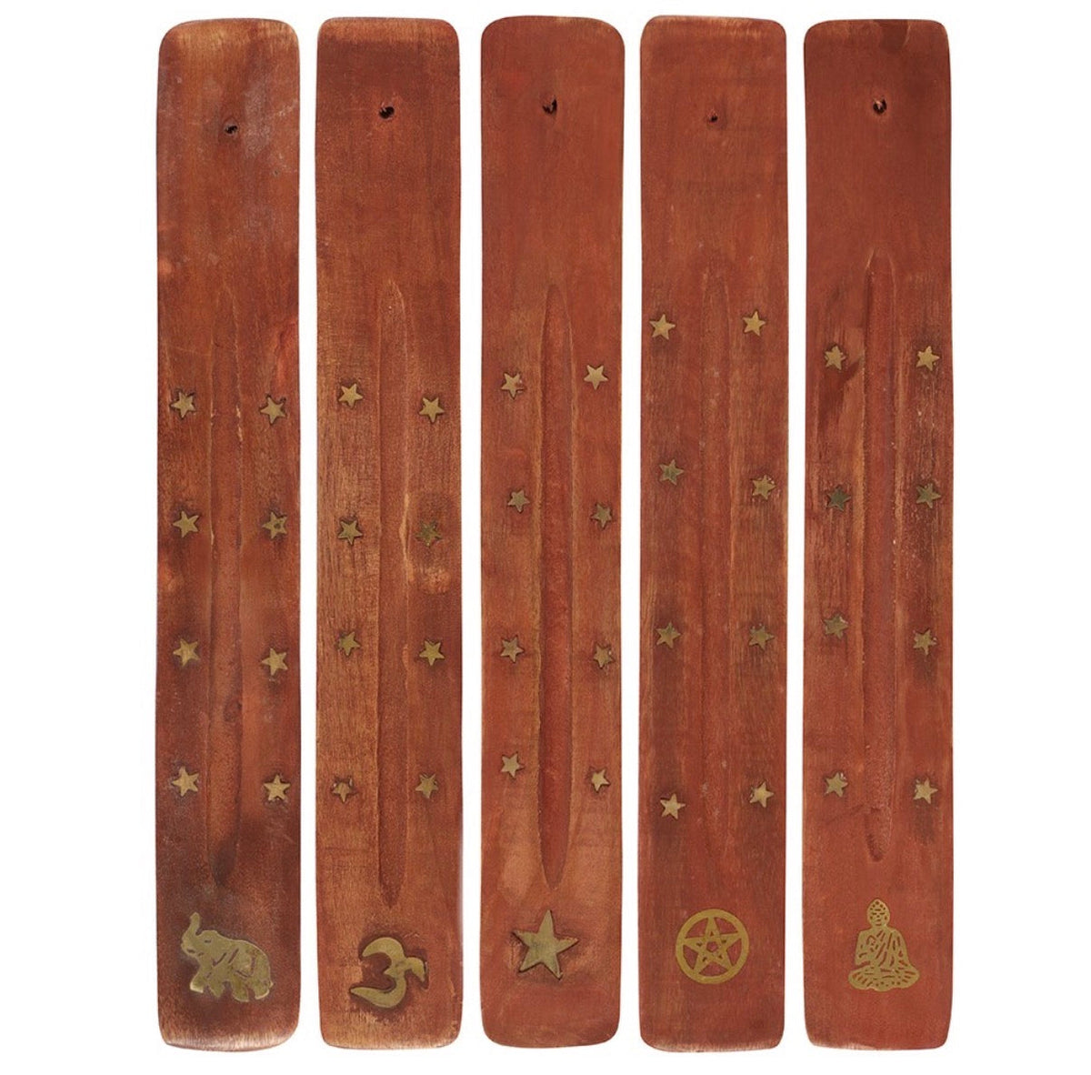 Five wooden incense holders with brass inlay designs — Elephant, Om, Shooting Star, Pentagram and Buddha
