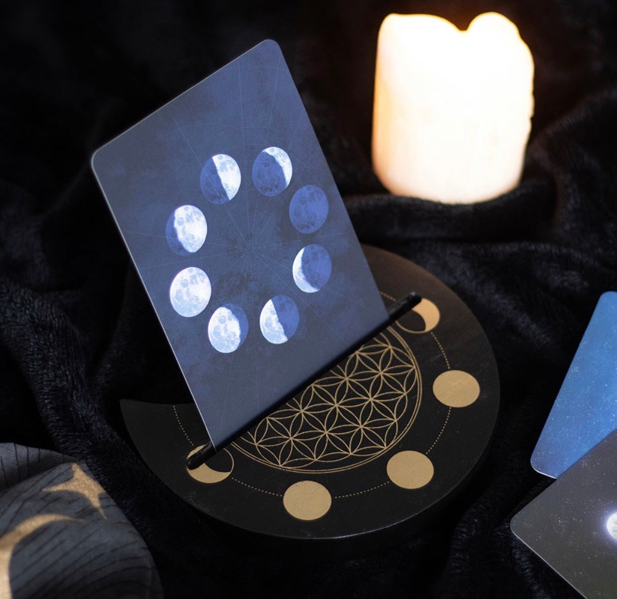 Flower of Life Tarot Card Stand – Moon Phase Wooden Holder