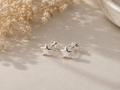 A pair of small silver star-shaped stud earrings resting on a beige textured surface with soft shadows, dried flowers, and a ceramic bowl in the background.