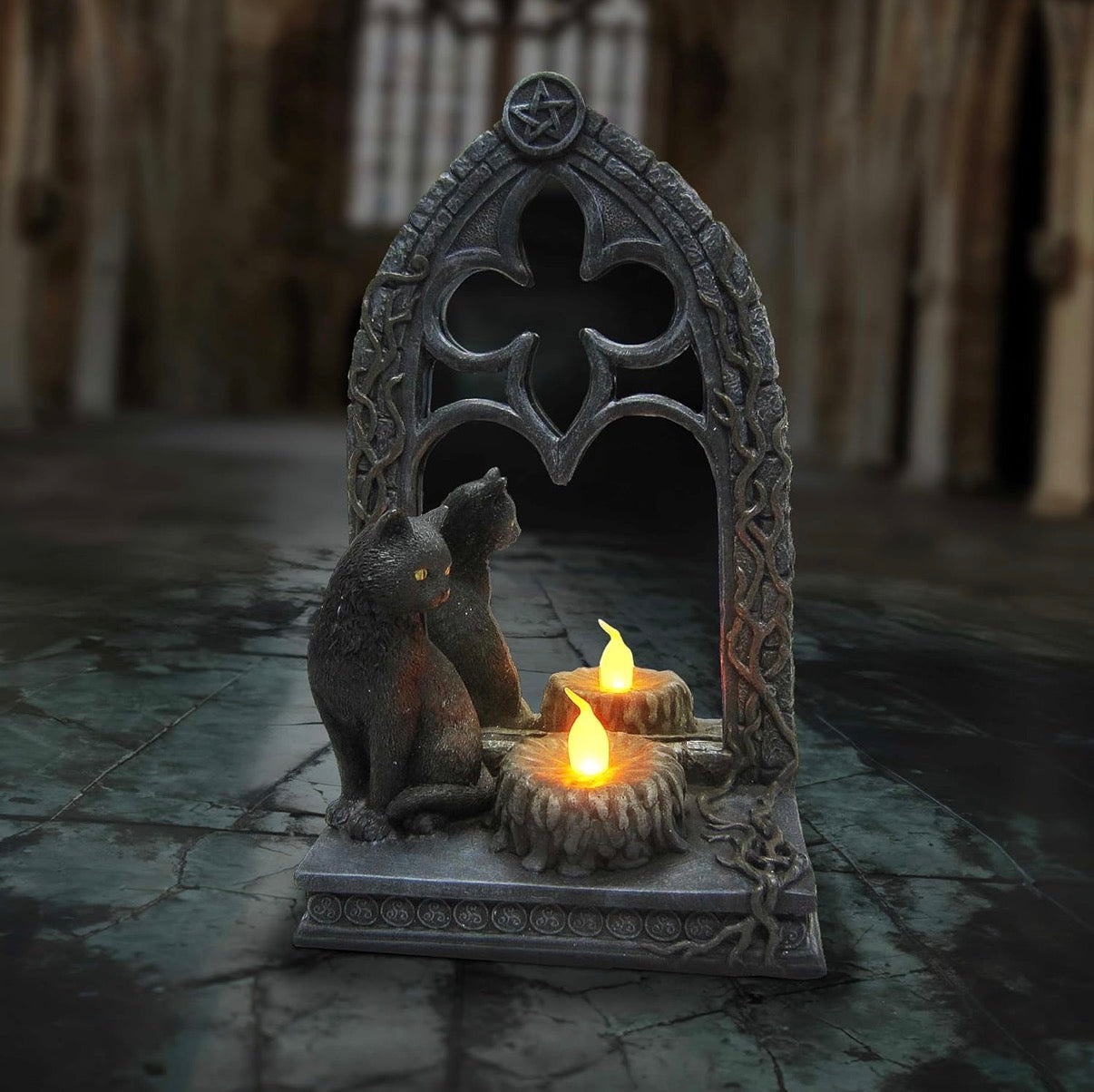 Gothic Black Cat Mirror with LED Candle Figurine