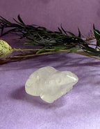 Clear Quartz crystal frog carving on lilac background with green foliage — The Crooked Moon