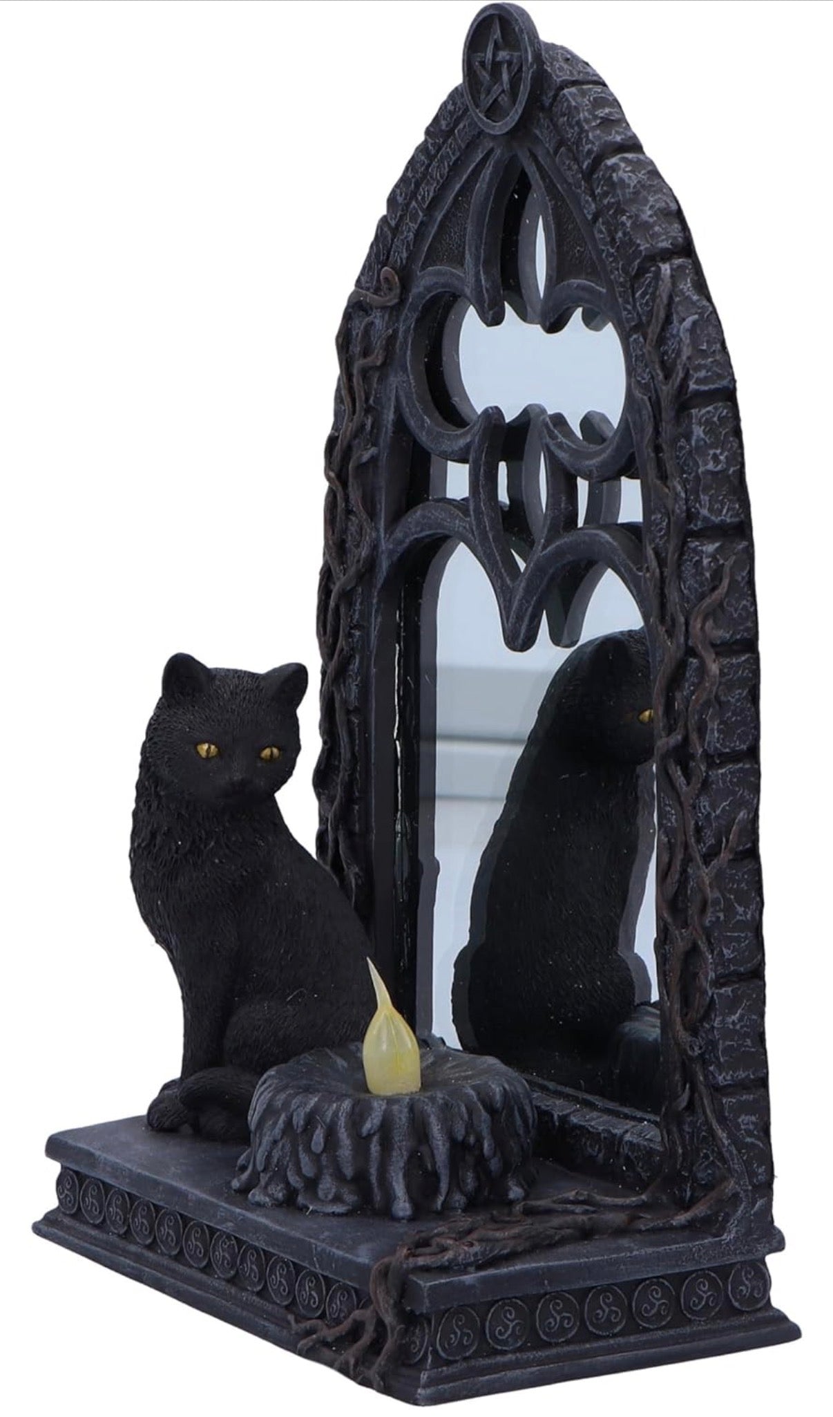 Gothic Black Cat Mirror with LED Candle Figurine