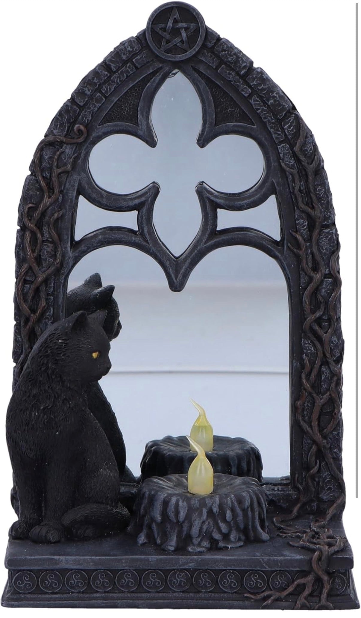 Gothic Black Cat Mirror with LED Candle Figurine