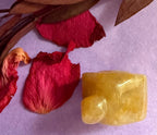 Golden Healer Quartz crystal house carving back view on purple background with red rose petals — The Crooked Moon