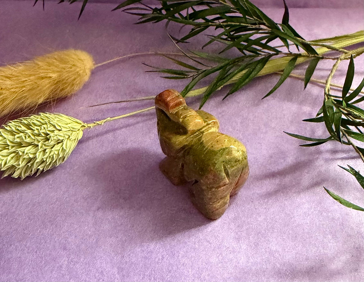 Unakite crystal elephant carving front view on purple background with dried botanicals — The Crooked Moon