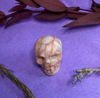 Crystal skull carving on purple background with feathers and botanicals — The Crooked Moon