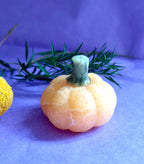 Orange Calcite crystal pumpkin carving on lilac background with green foliage — The Crooked Moon