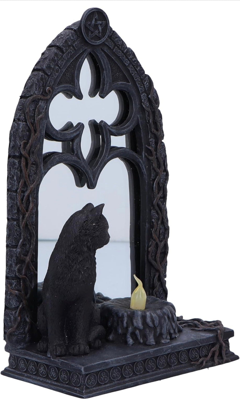 Gothic Black Cat Mirror with LED Candle Figurine