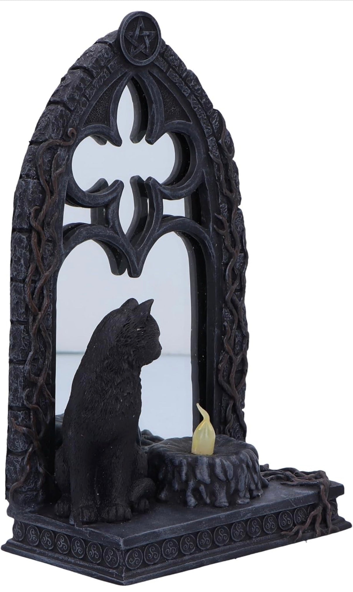 Gothic Black Cat Mirror with LED Candle Figurine