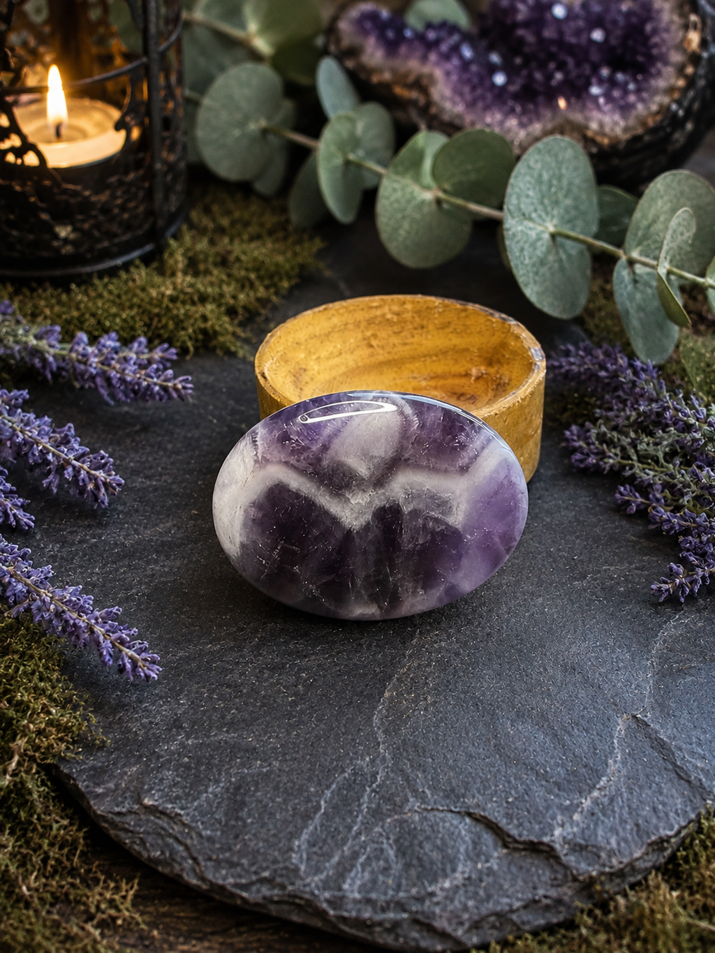 A polished oval purple amethyst crystal with white veining sits on a dark slate tray, styled with a small wooden bowl, eucalyptus leaves, lavender sprigs, moss, and a lit candle in a black lantern.