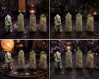 A 2x2 collage showing five pointed crystal towers arranged on a dark tabletop with candles, flowers, and mystical props in a dim, atmospheric setting. The crystals have a pale green and white marbled appearance with embedded golden flecks.