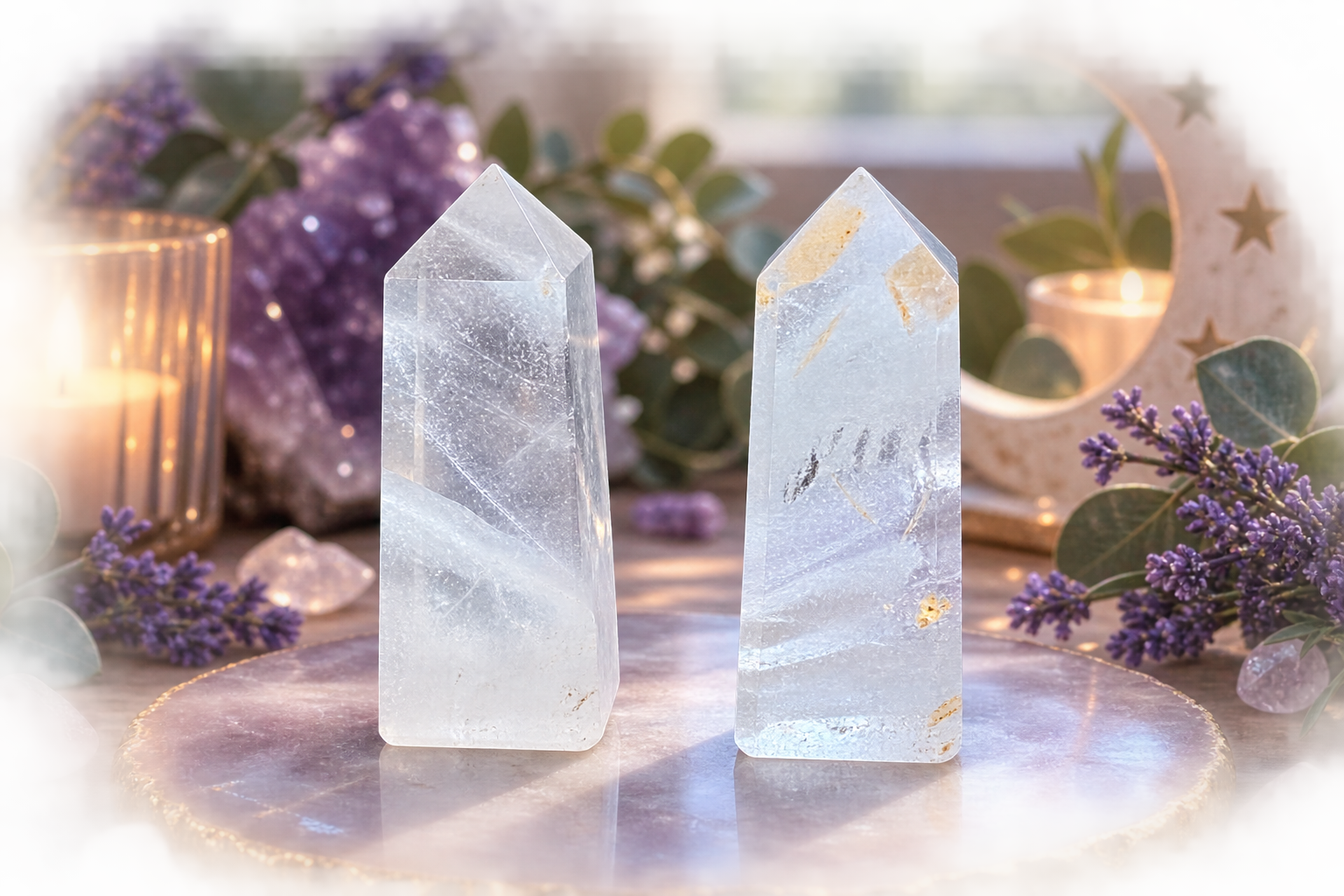 Two tall clear crystal tower points with natural inclusions, displayed on a reflective marble-like surface with purple flowers, candles, and a blurred crystal cluster in the background.