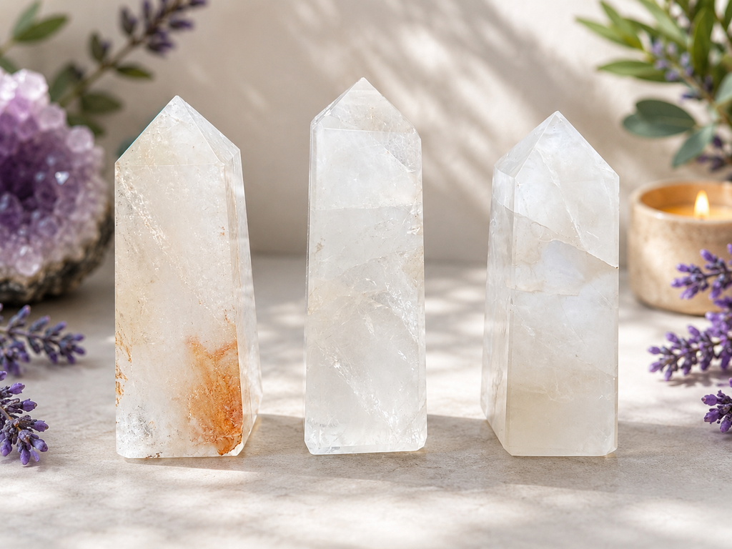 Three raw crystal tower points standing upright on a light stone surface, surrounded by purple flowers, greenery, and a small lit candle in a warm, natural setting.