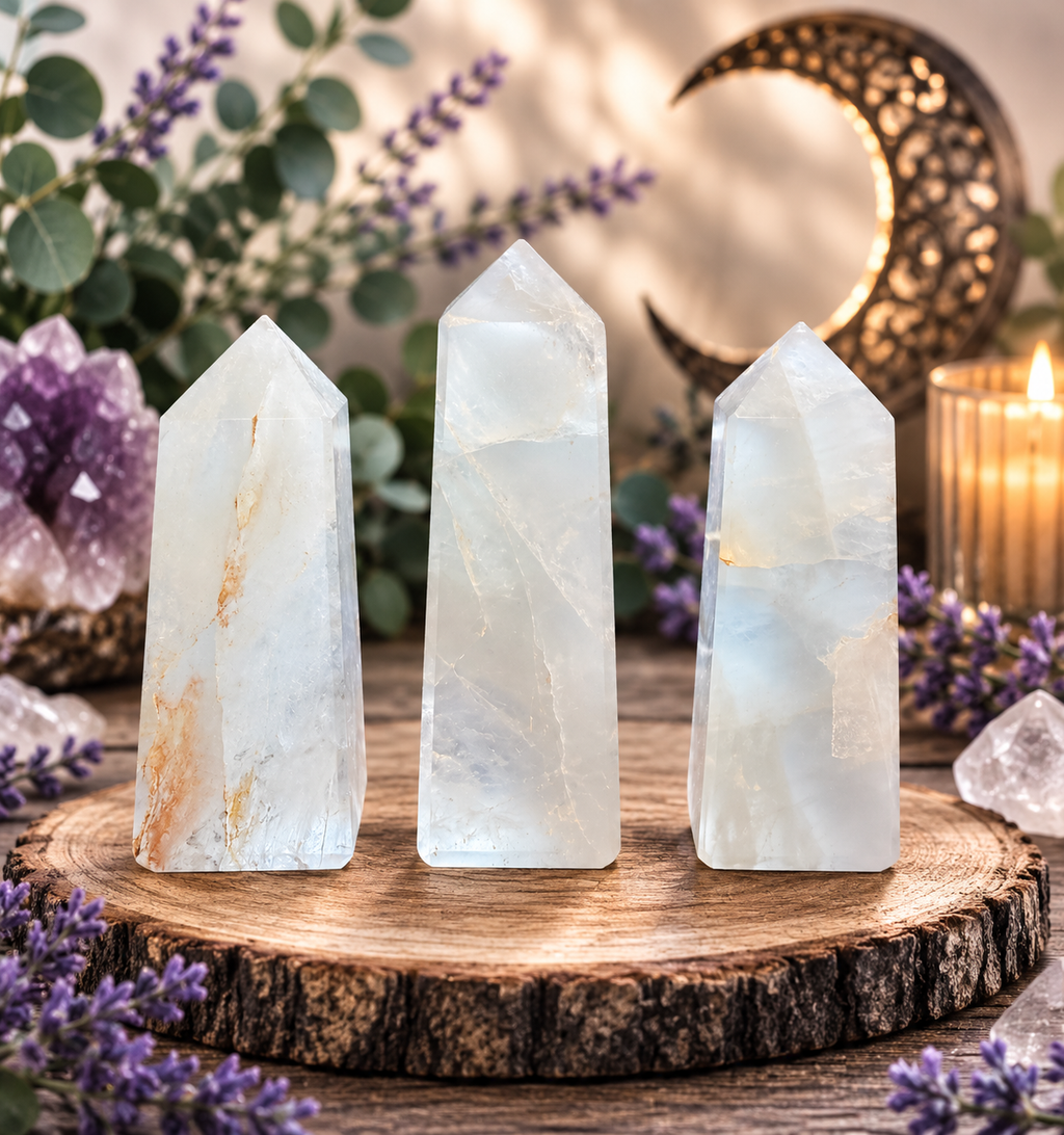 Three tall translucent white crystal towers with natural mineral veining, displayed on a rustic wood slice surrounded by purple flowers, a lit candle, and a decorative crescent moon.