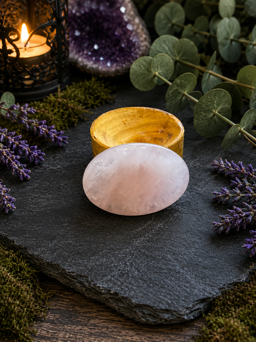 A polished oval rose quartz crystal sits on a dark slate tray, with a small gold bowl behind it and decorative greenery, purple flowers, moss, and a candle in the background.