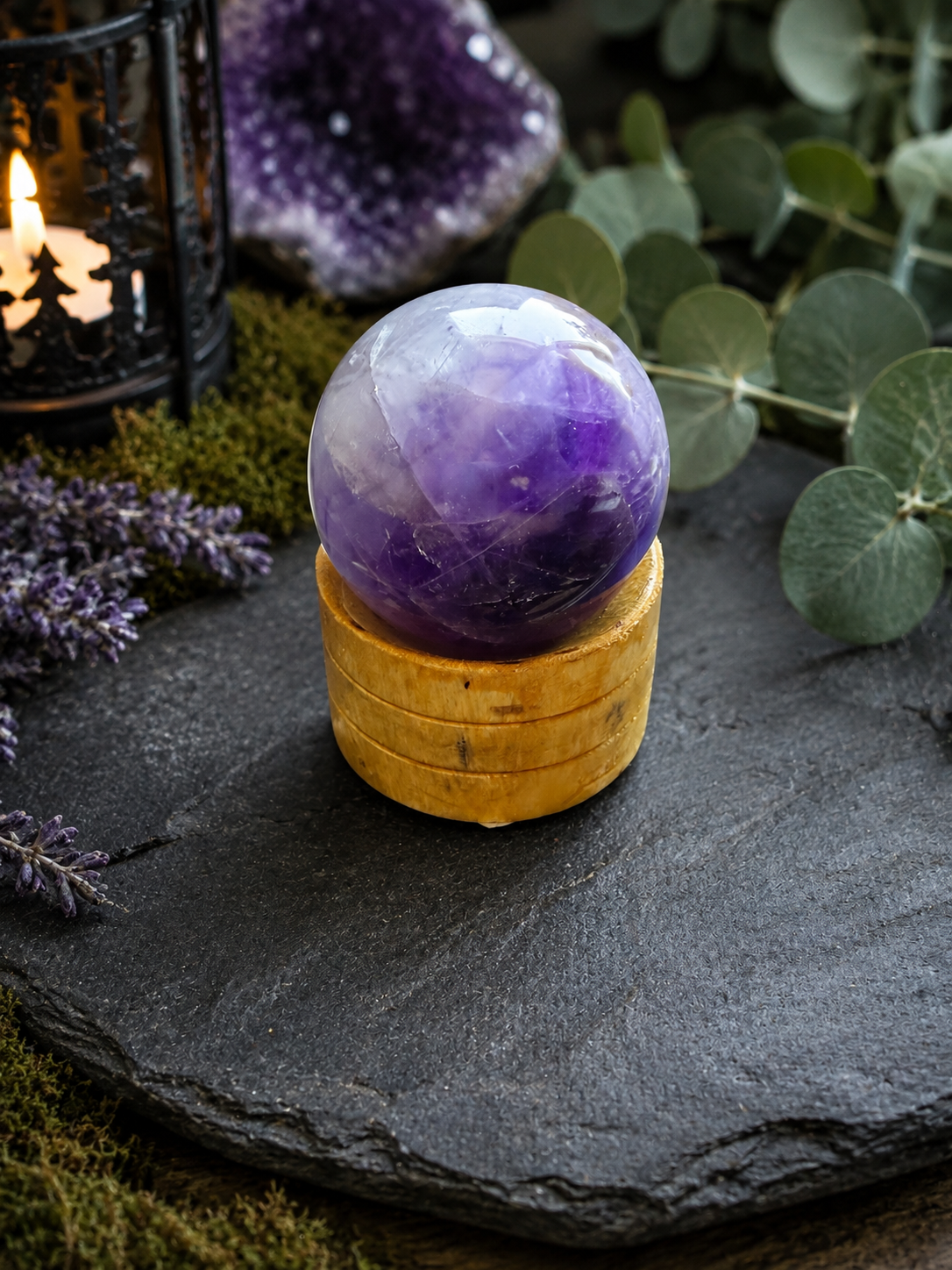 A polished purple amethyst crystal sphere resting on a small round wooden stand, placed on a dark slate surface with moss, eucalyptus leaves, a candle lantern, and a purple crystal cluster in the background.