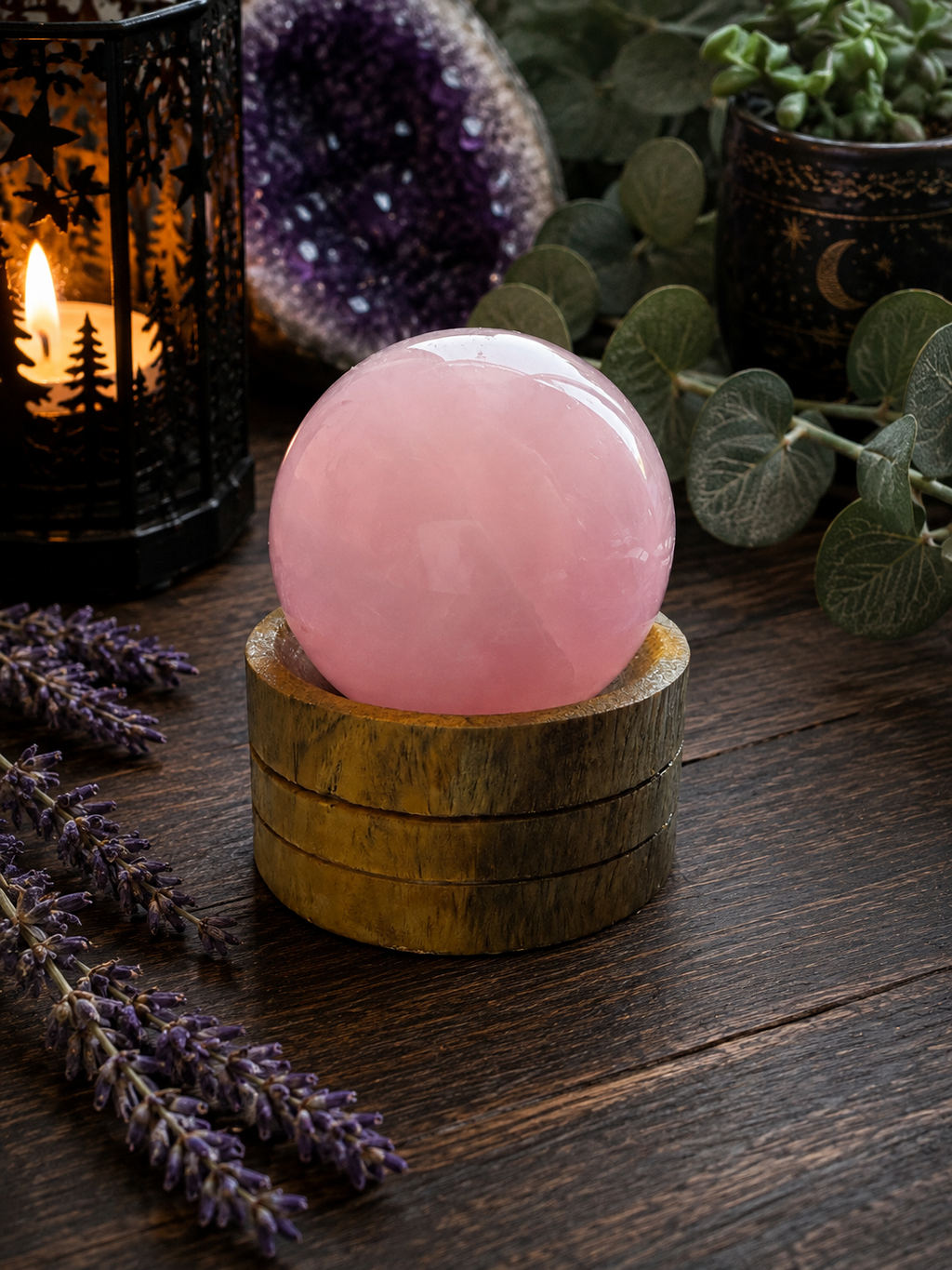 A polished pink rose quartz crystal sphere resting on a small round wooden base, styled on a dark wooden table with a lit candle holder, purple lavender sprigs, a purple amethyst cluster, and green eucalyptus leaves.