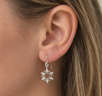 A close-up of a person's ear wearing a silver starburst dangle earring with small clear stones, against a background of light brown hair.