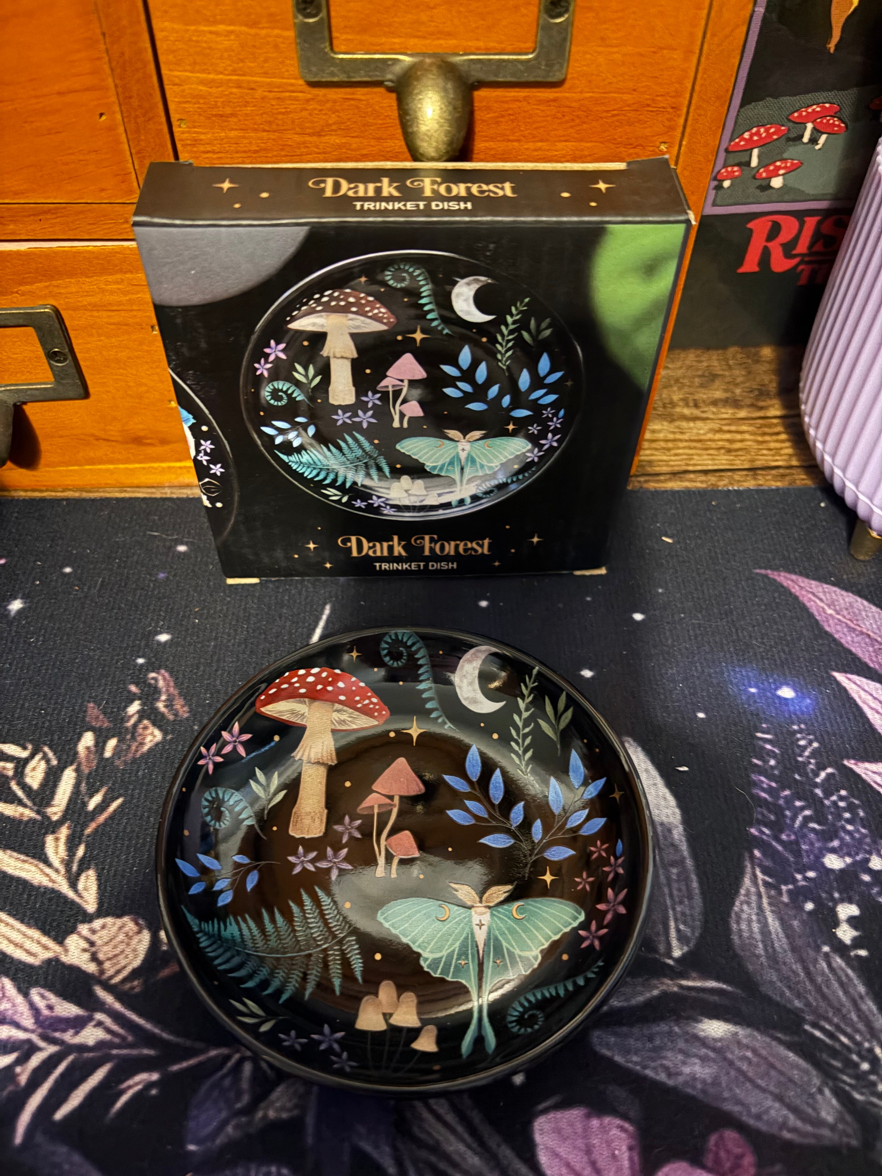 Dark Forest Round Ceramic Trinket Dish with packaging