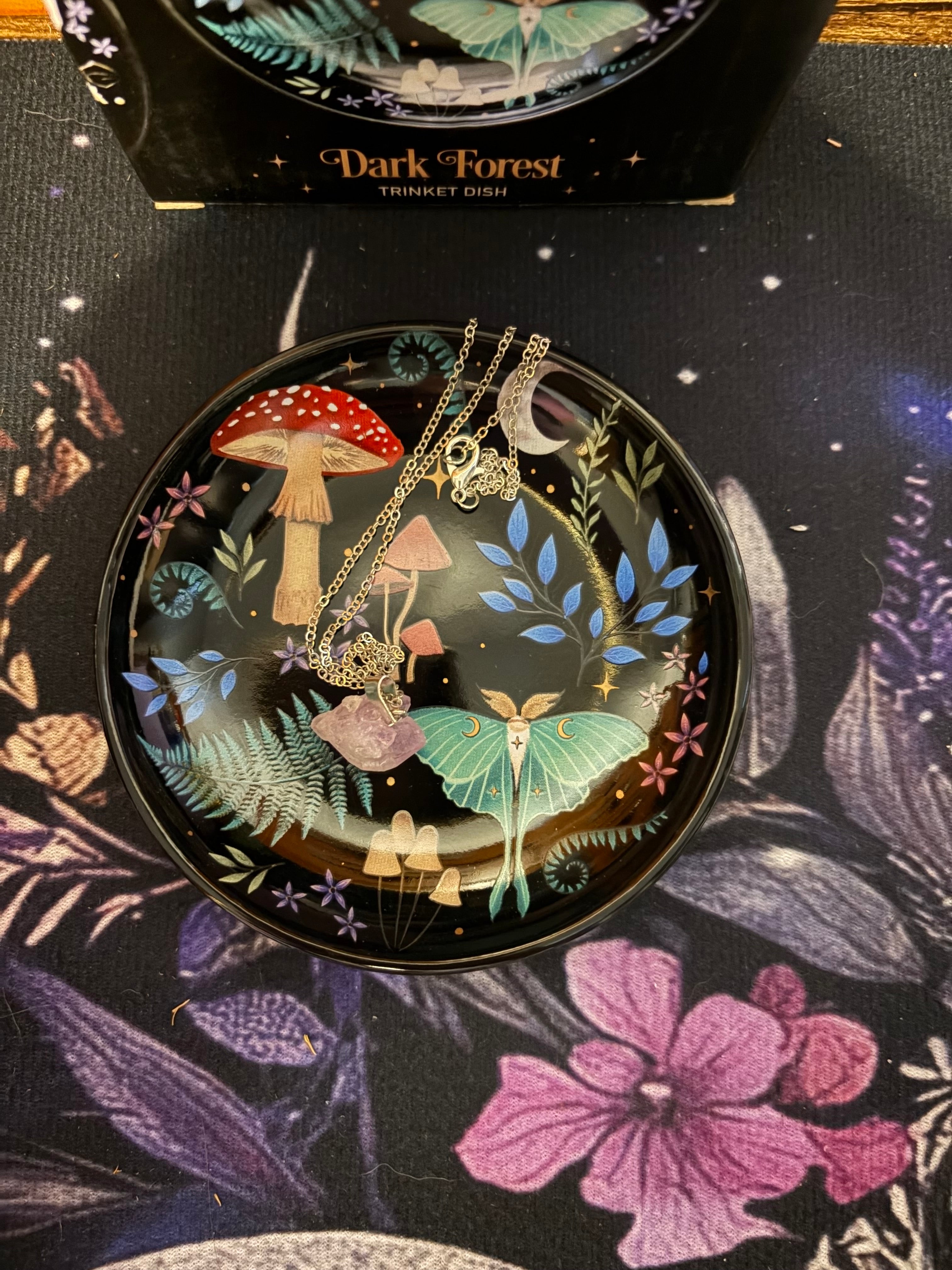 Dark Forest Round Ceramic Trinket Dish with necklace