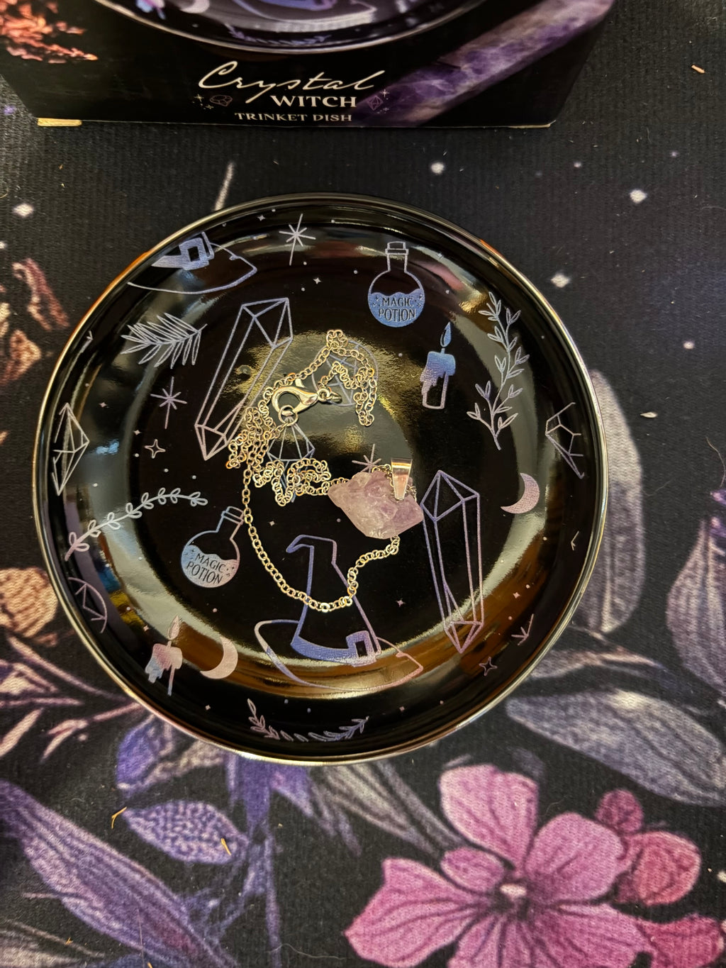 Crystal Witch Ceramic Trinket Dish overhead with necklace