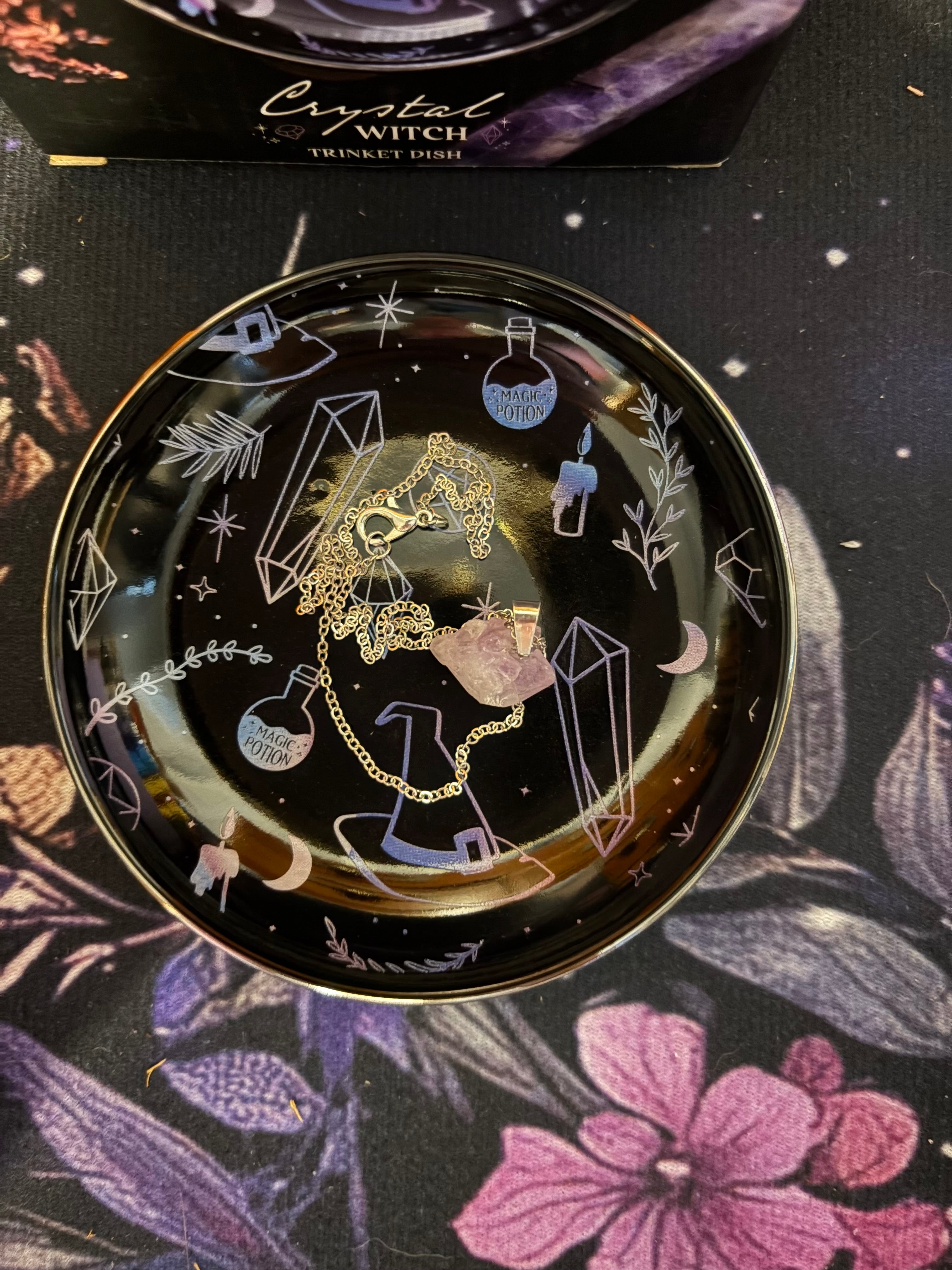 Crystal Witch Ceramic Trinket Dish overhead with necklace