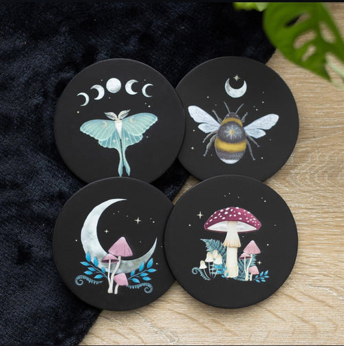 Dark Forest Coaster Set - styled flat lay showing all four coasters