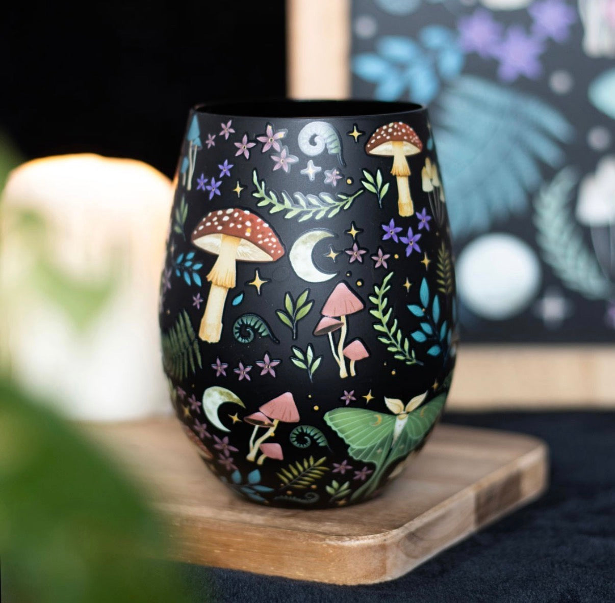 Dark Forest Stemless Glass - fly agaric mushroom design