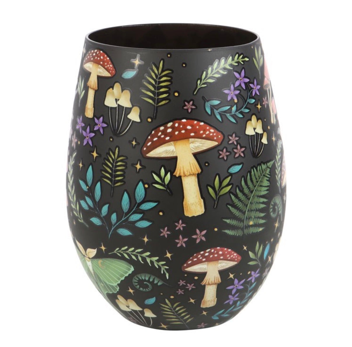 Dark Forest Stemless Glass - luna moth and mushroom design