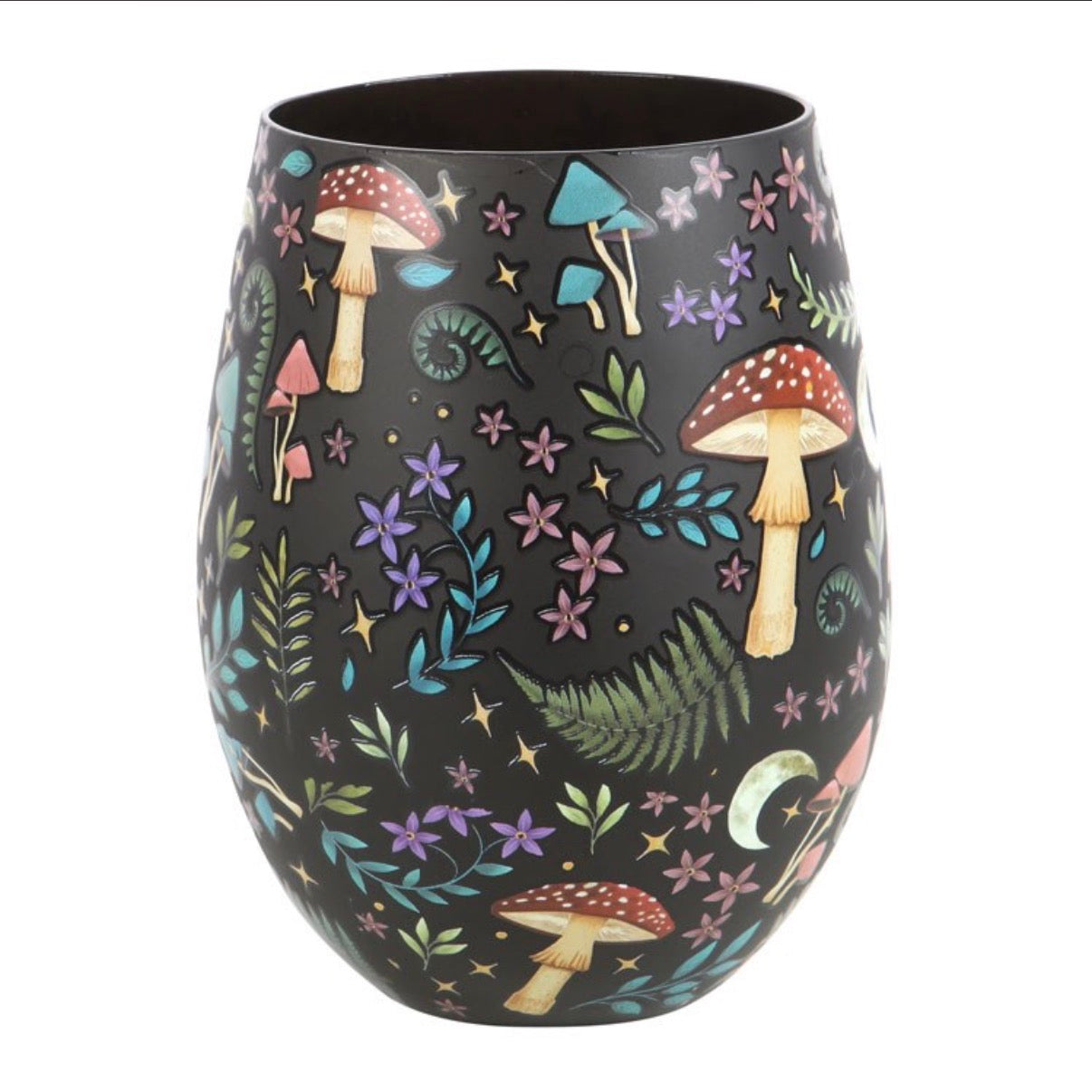 Dark Forest Stemless Glass - moon and mushroom design
