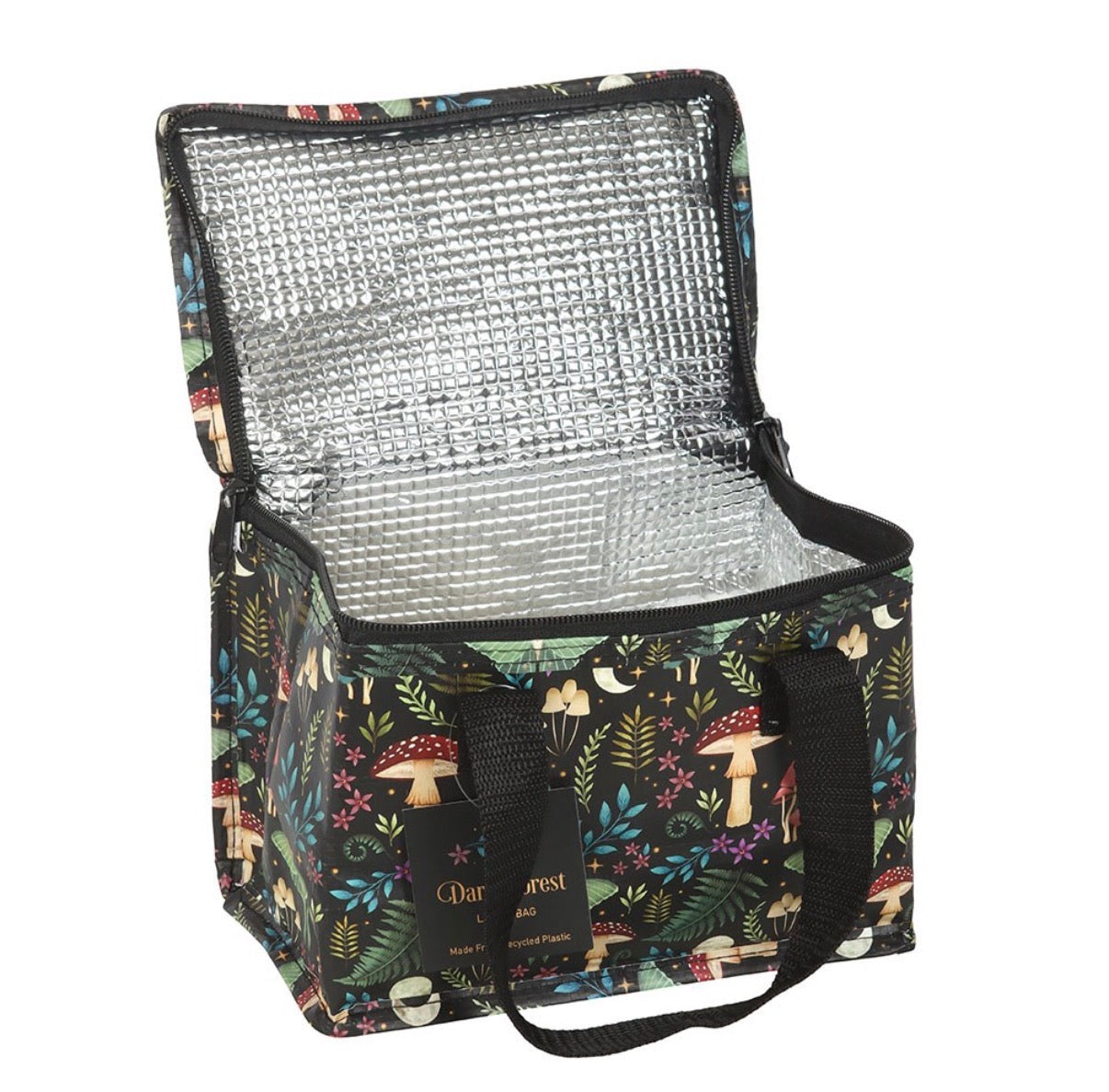 Dark Forest Lunch Bag - open showing insulated silver lining