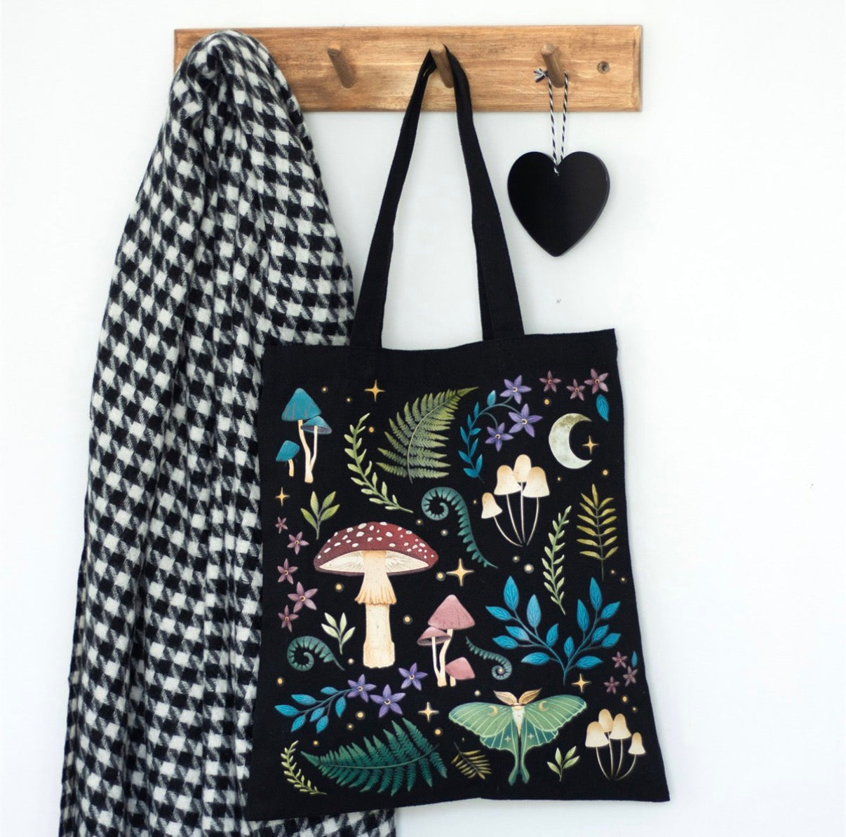 Forest Floor Tote Bag - hanging on wooden peg rail with scarf