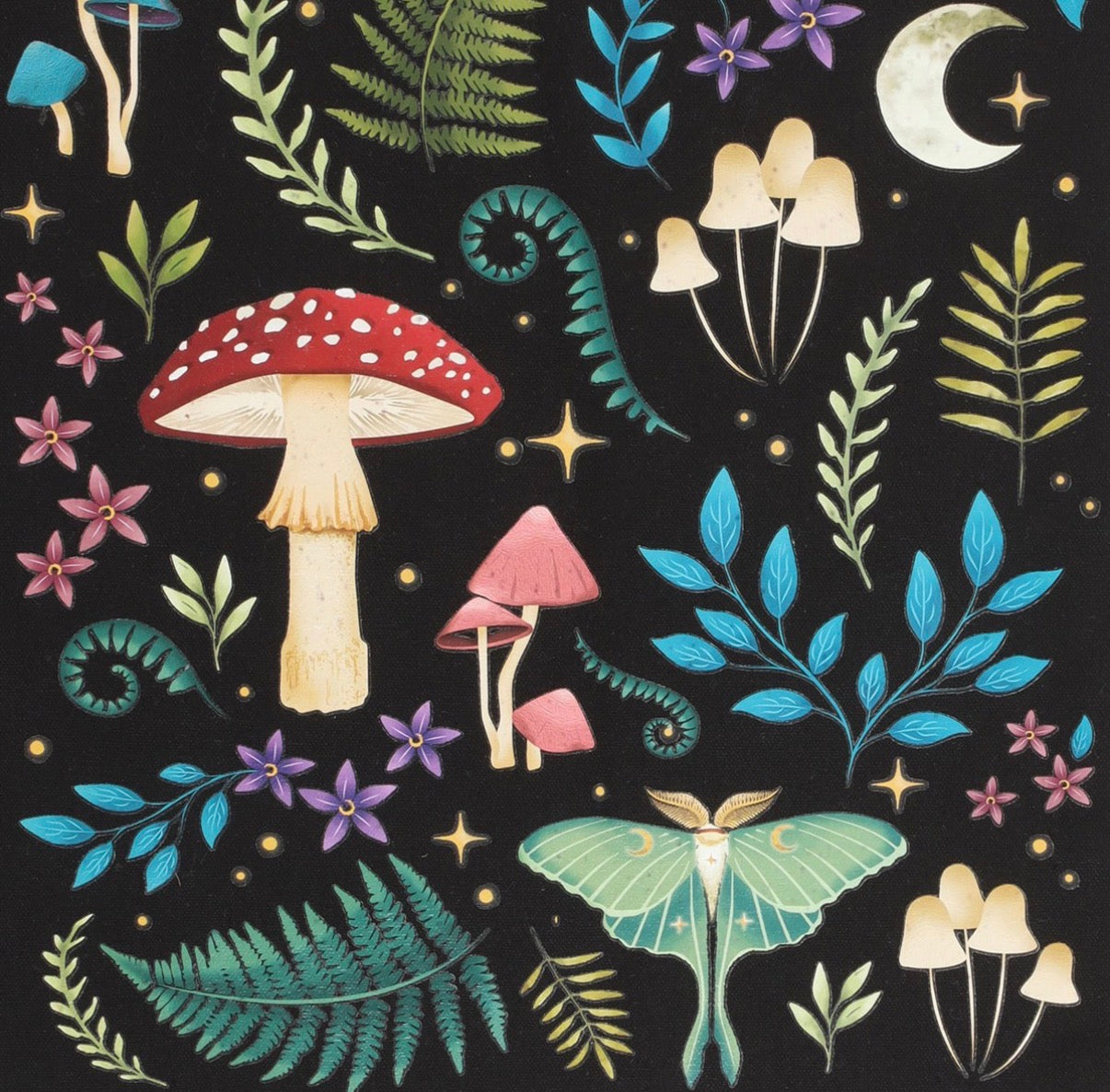 Forest Floor Tote Bag - close up of mushroom and moth print