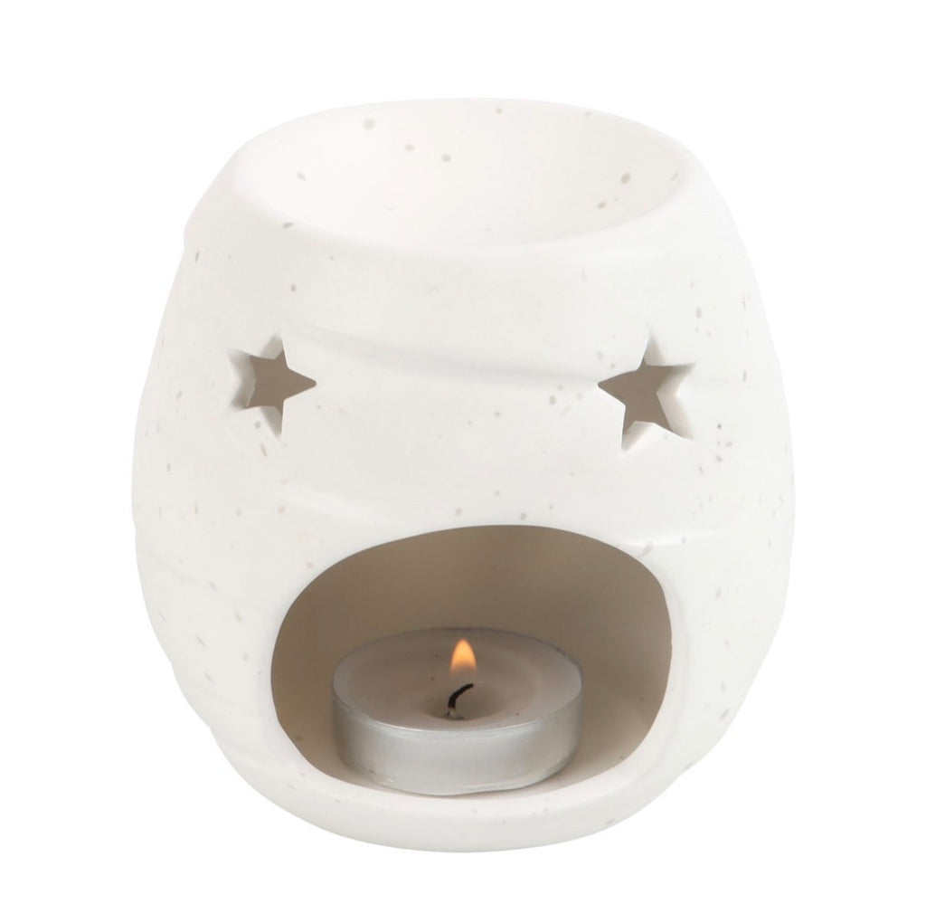 Mummy shaped ceramic oil burner styled with Halloween pumpkins