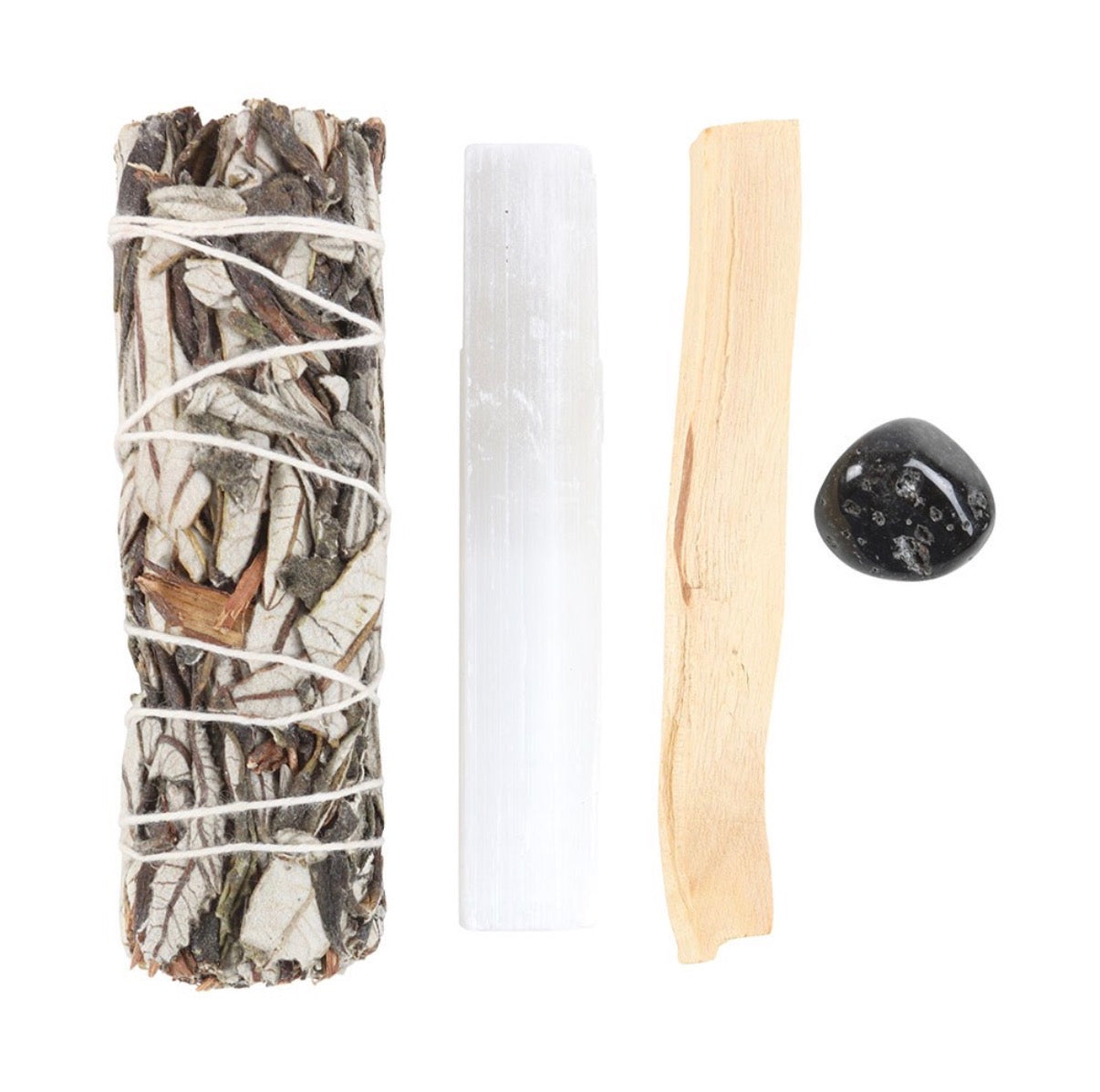 Yerba Santa Energy Cleansing Kit contents laid out — sage bundle, selenite, palo santo and black crystal