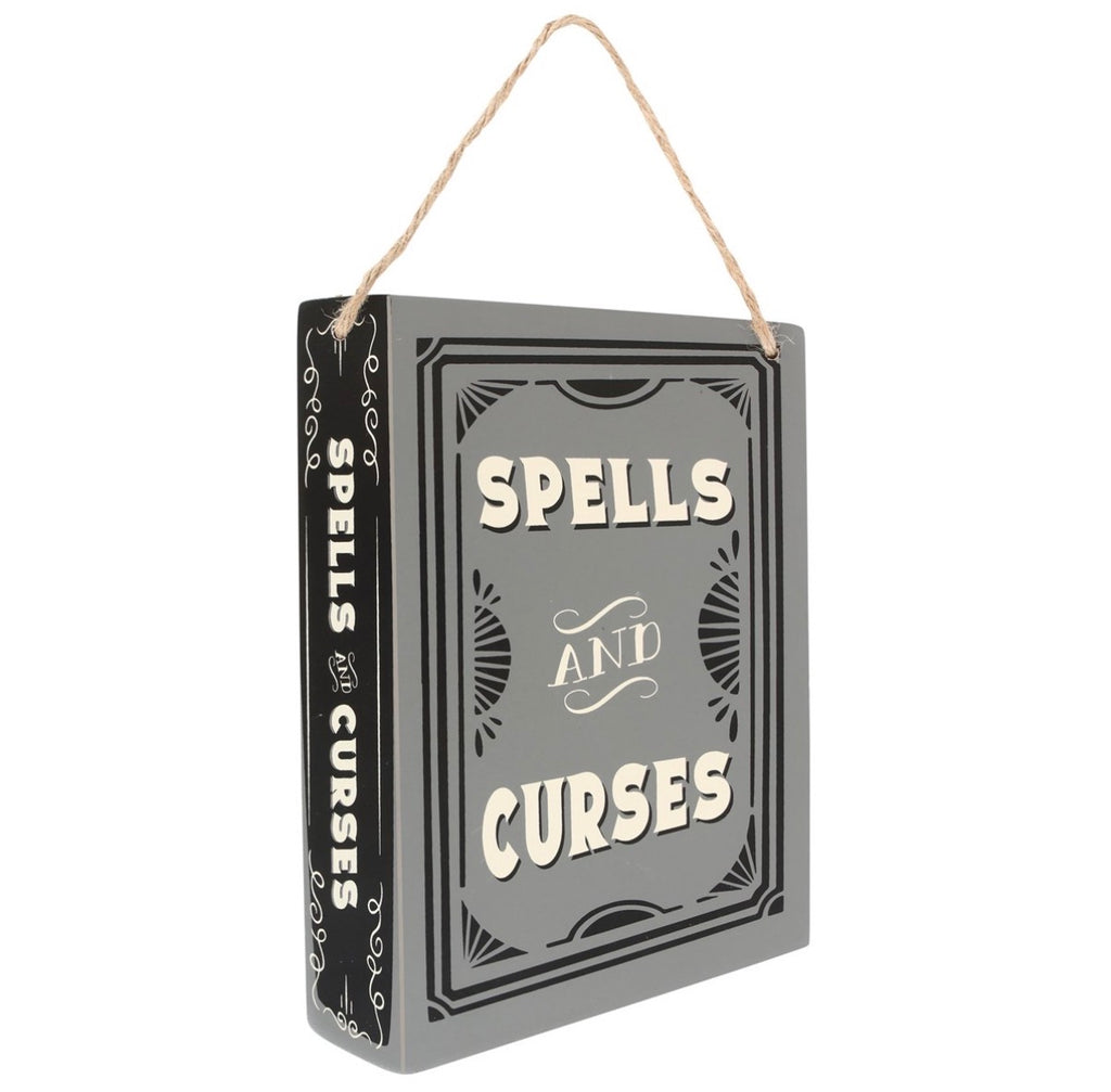 Spells and Curses hanging sign front view on white background