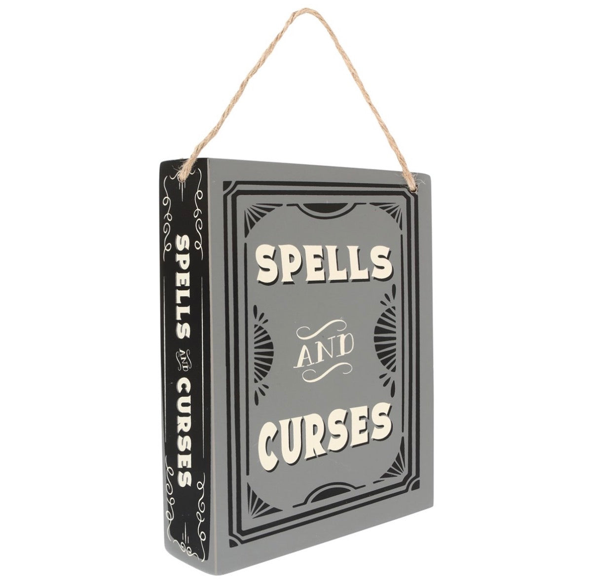 Spells and Curses hanging sign front view on white background