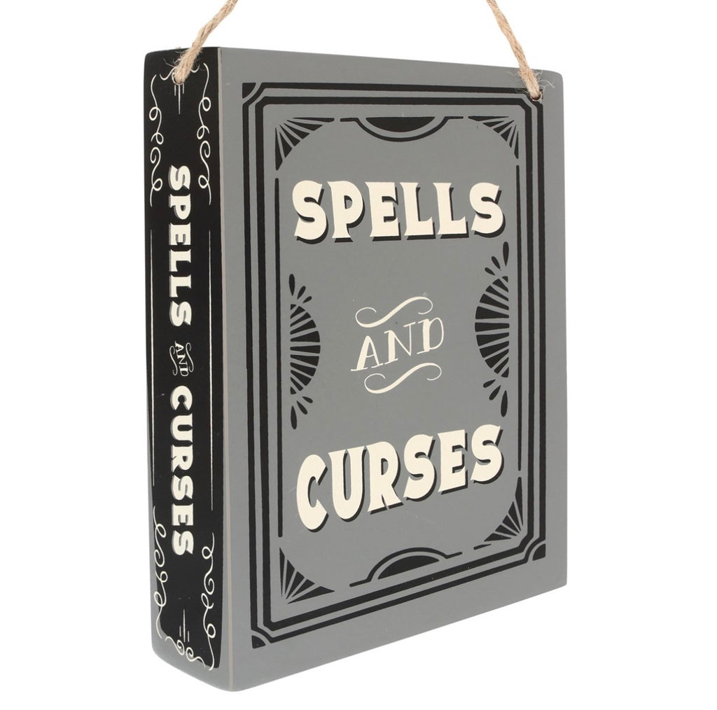 Spells and Curses hanging sign angled view showing spine detail