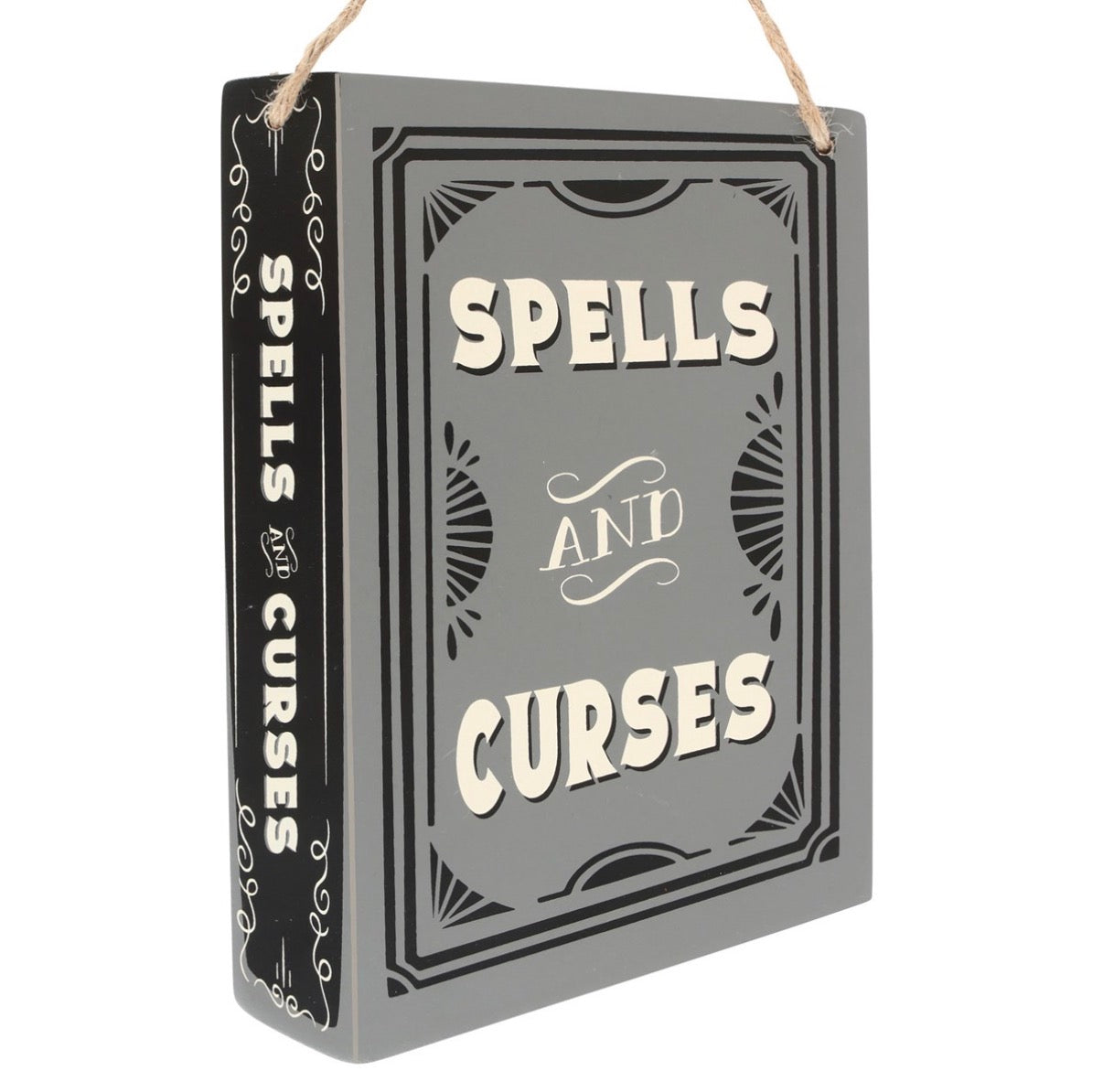 Spells and Curses hanging sign angled view showing spine detail