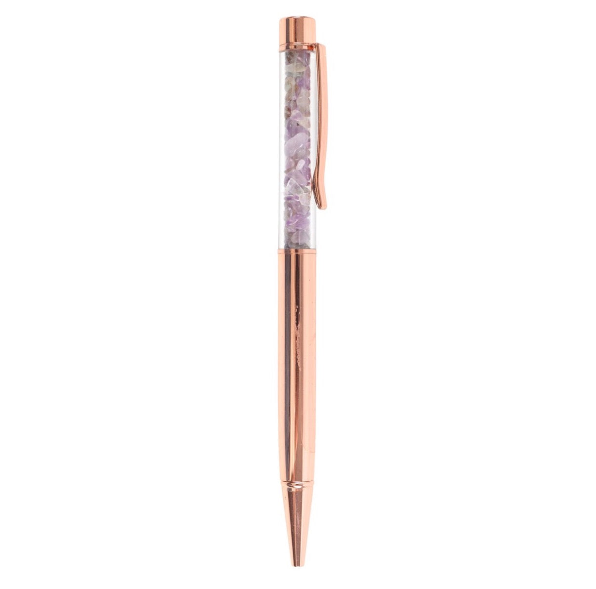 Rose gold amethyst crystal chip pen included with journal