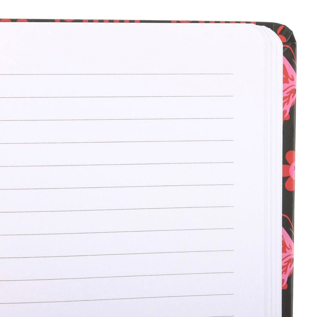 Flaming Butterfly A5 Notebook open showing lined pages