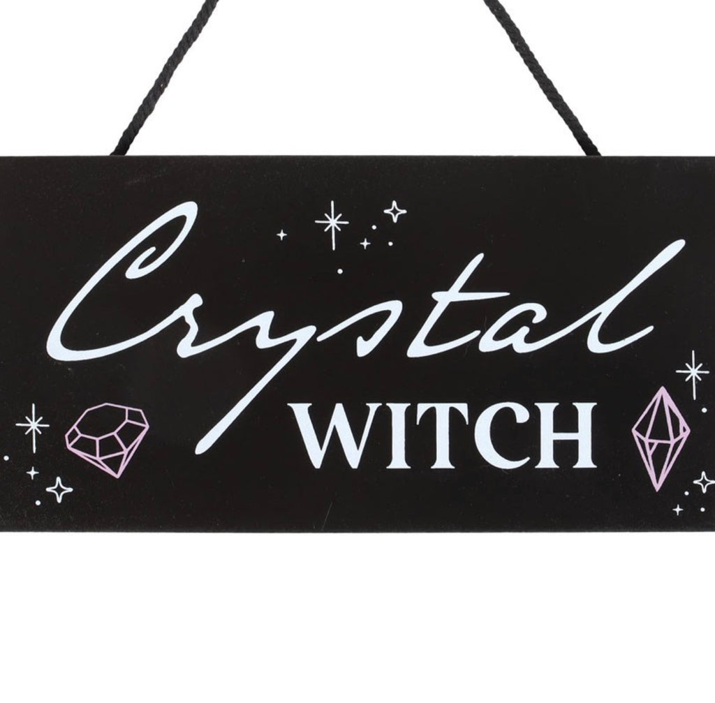 Crystal Witch Hanging Sign close up of lettering and crystal illustrations