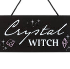 Crystal Witch Hanging Sign close up of lettering and crystal illustrations