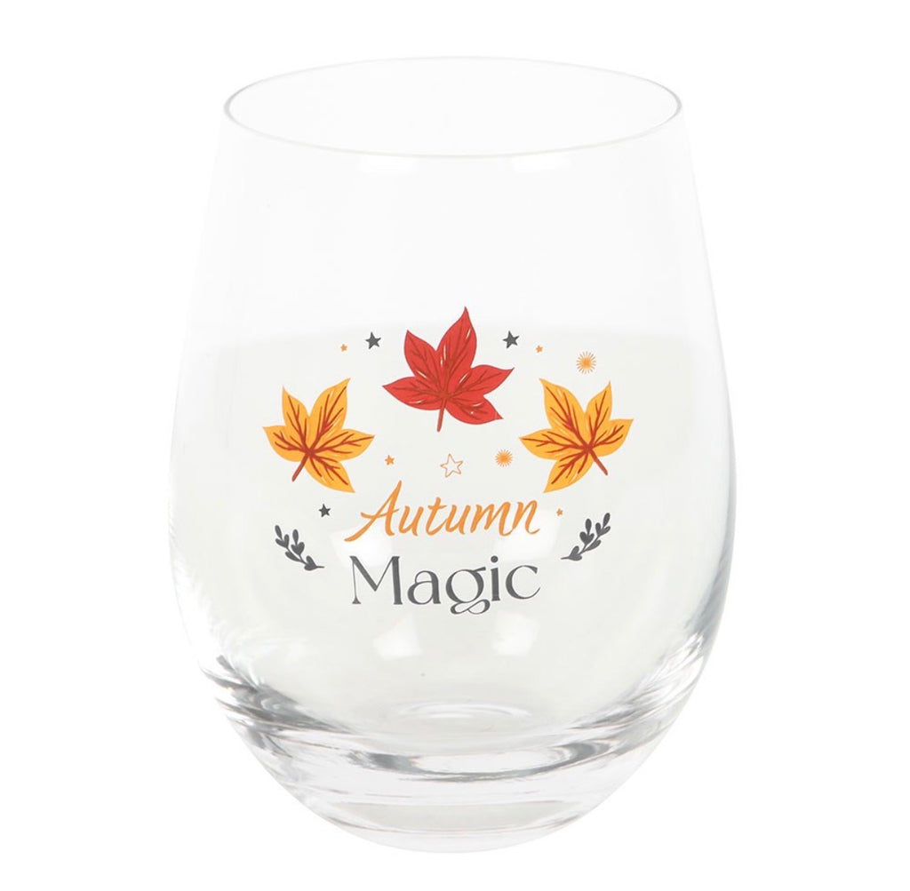 Autumn Magic Stemless Wine Glass front view on white background