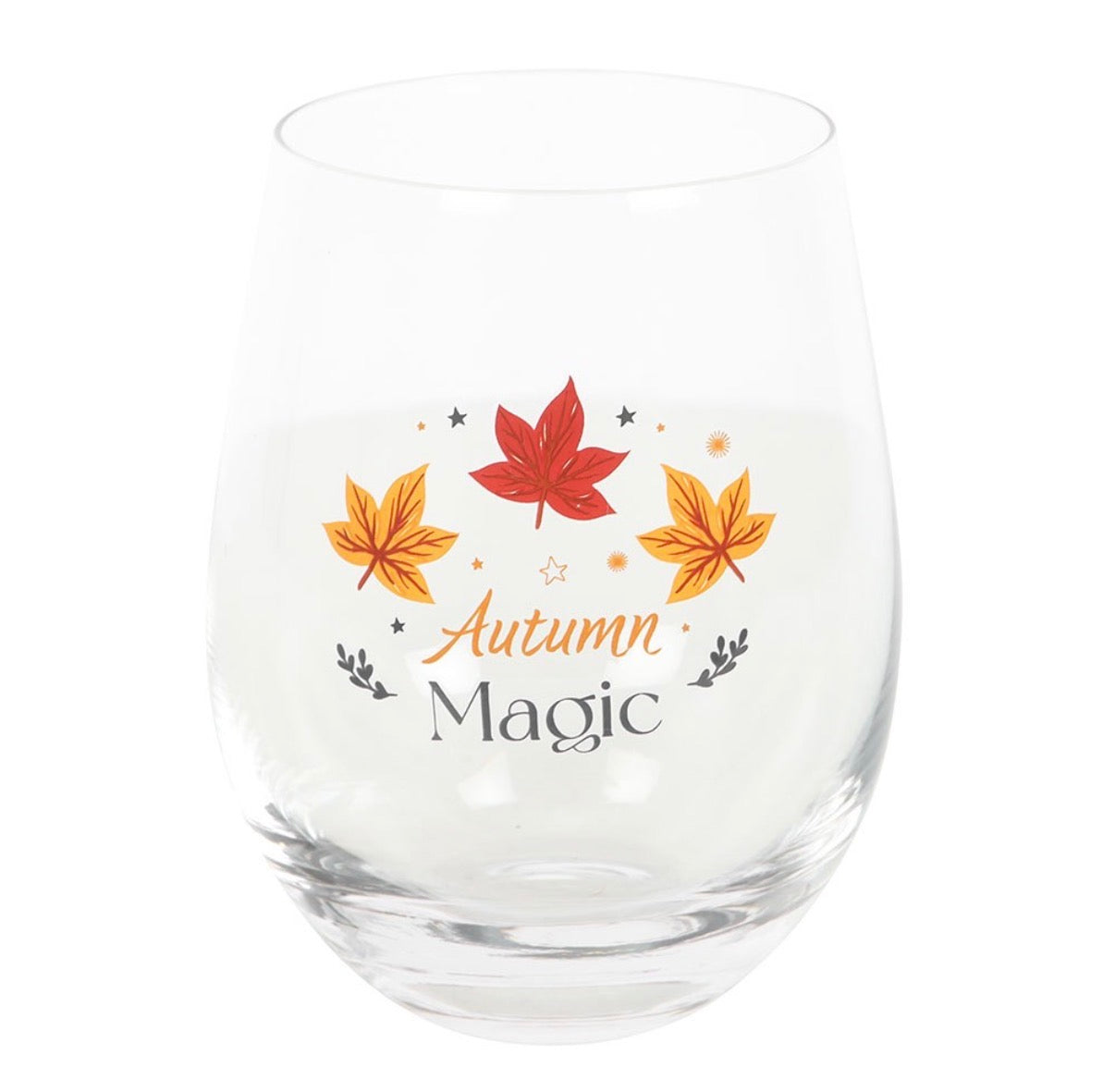 Autumn Magic Stemless Wine Glass front view on white background
