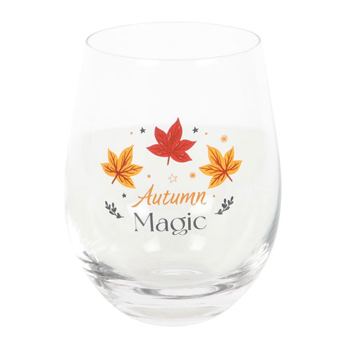 Autumn Magic Stemless Wine Glass front view on white background