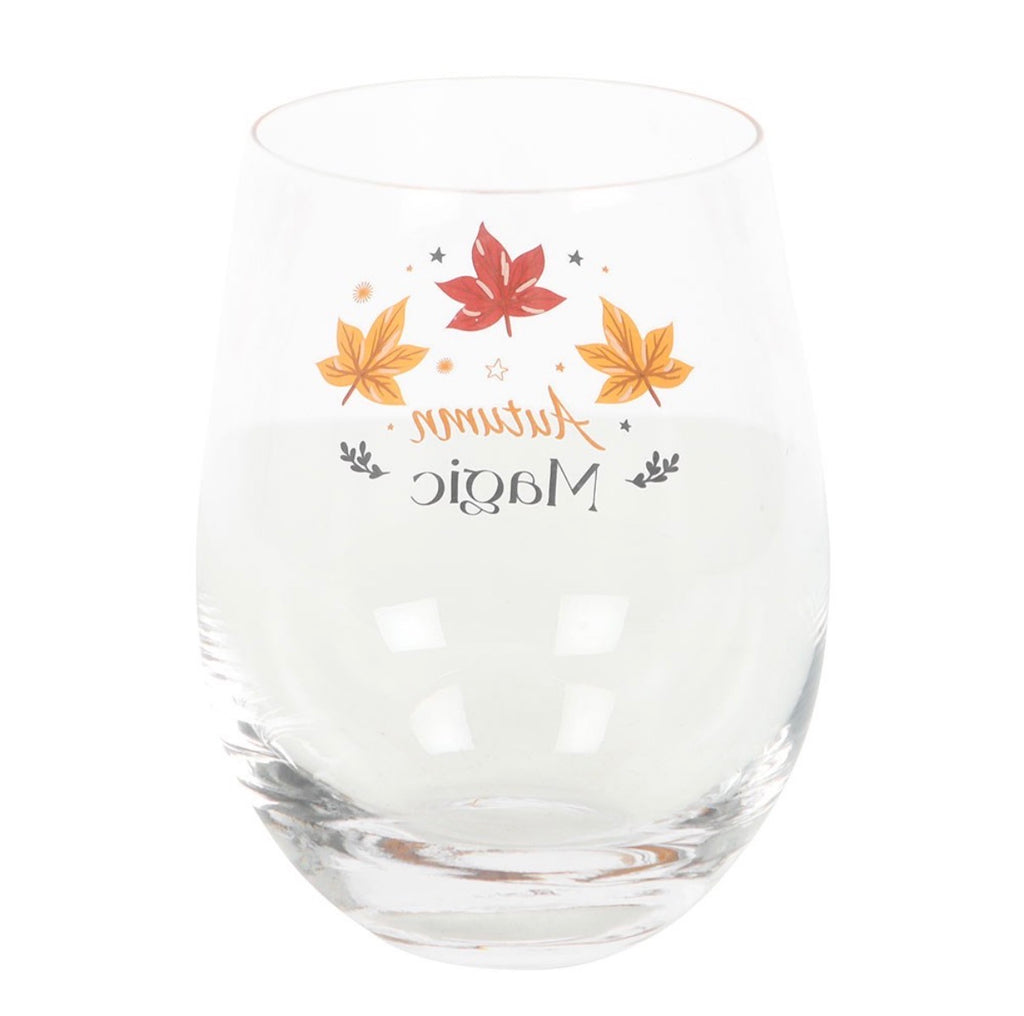 Autumn Magic Stemless Wine Glass back view on white background